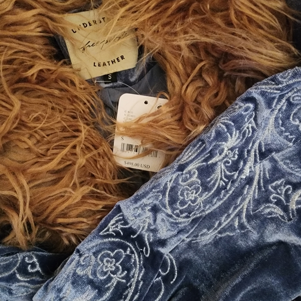 Free People Understated Moon Glow Blue Velvet Coat with Brown Faux Fur Trim - Picture 5 of 6